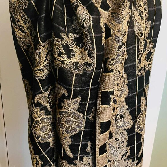 Vintage Pashmina Viscose Shawl 1990s, Black & Gold Floral Jacquard, Large - Picture 1 of 15